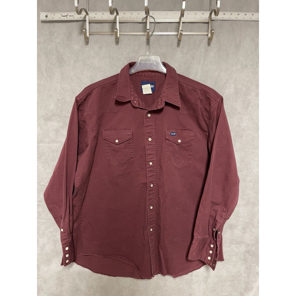 VTG Wrangler Shirt Men 2XL Burgundy Heavy Twill Button Up Cowboy Cut Work Casual - Picture 2 of 8